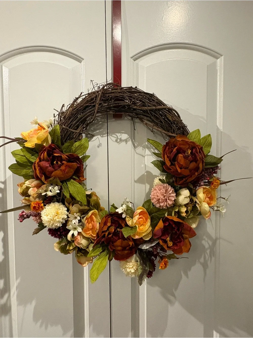 Autumn Floral Grapevine Wreath in Burgundy and Orange
